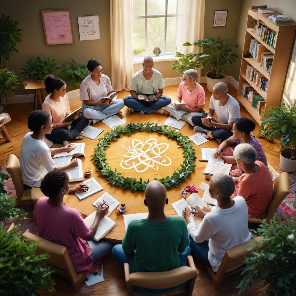 A comforting scene depicting a supportive community circle with diverse individuals sharing experiences, surrounded by symbols of cancer awareness like ribbons and flowers. Incorporate books and digital devices signifying research and resources, with vibrant green plants symbolizing holistic health strategies. Soft, warm lighting to evoke a sense of hope and unity. super-realistic. vibrant colors. natural elements.