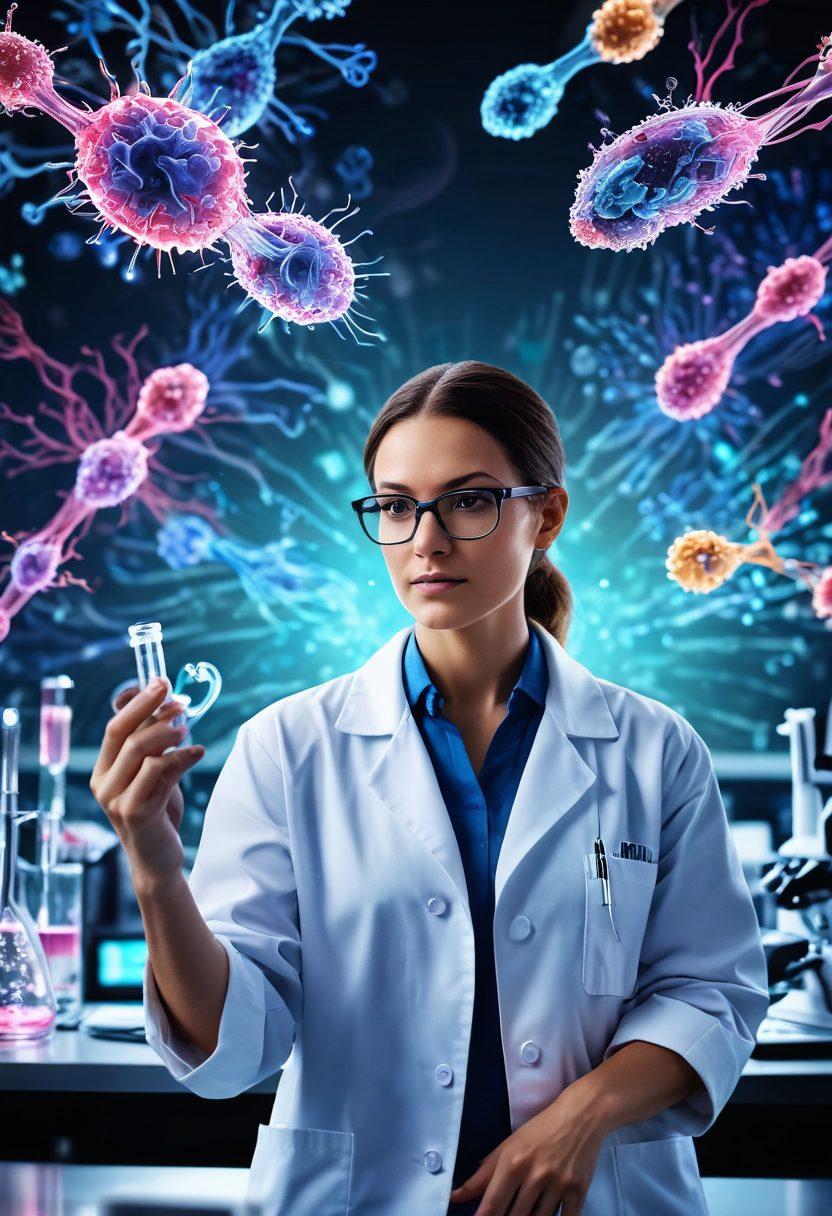 A powerful visualization of a scientist in a lab coat, surrounded by glassware and microscopes, intensely studying cancer cells. In the foreground, a patient holding a symbolic shield, representing empowerment, stands confidently with a hopeful expression. Soft beams of light cascade down, symbolizing hope and new insights. The background shows an abstract intertwining of DNA strands and vibrant cancer cells. super-realistic. vibrant colors. 3D.