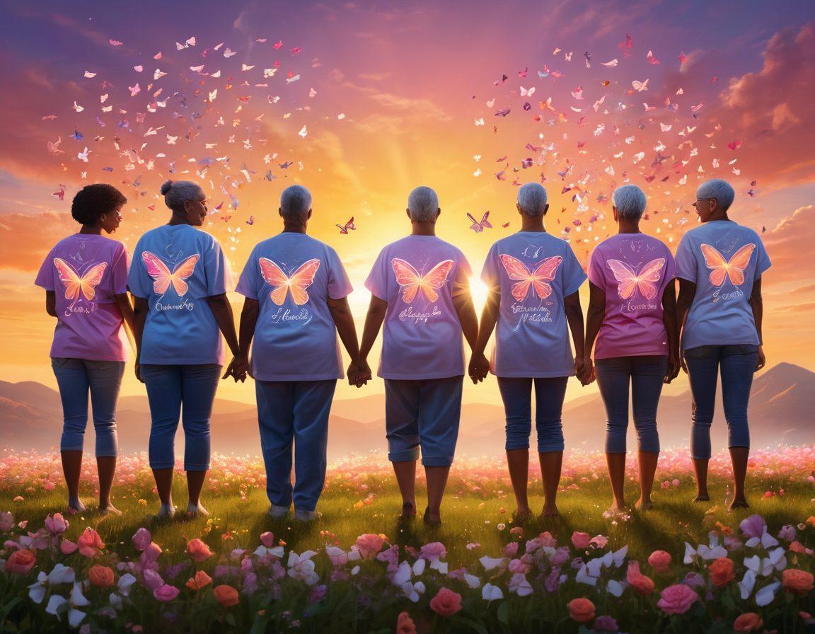 A powerful illustration of a diverse group of cancer survivors standing strong together, surrounded by symbols of hope like butterflies and blooming flowers. The background showcases a glowing sunset that symbolizes resilience and new beginnings, with flowing ribbons colored for different cancer awareness. The image should convey a sense of community, empowerment, and support. vibrant colors. super-realistic.